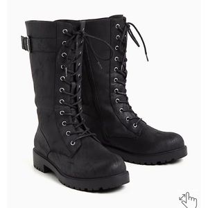Black faux suede combat boots